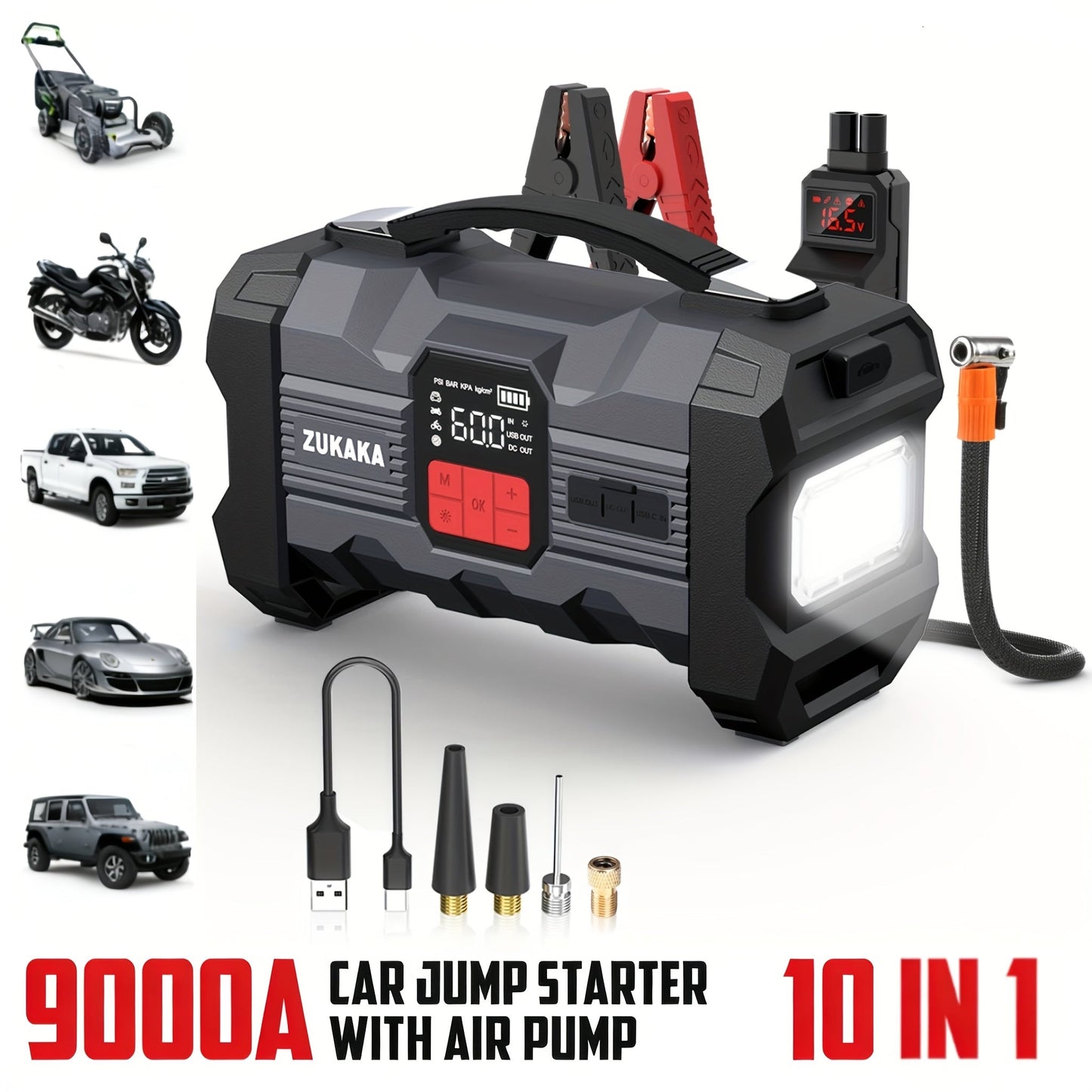 Jump Starter with Air Compressor 9000A Peak 10-in-1 150 PSI for All Gas 10L Diesel 12V USB USB-C Digital for Garden, Patio and Yard Use
