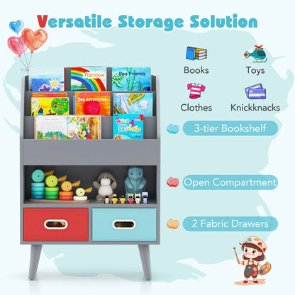 Kids Bookshelf 3-Tier with 2 Fabric Bins Open Compartments Anti-Tip Safety Design Sturdy MDF for Entryways, Bedrooms and Living Spaces