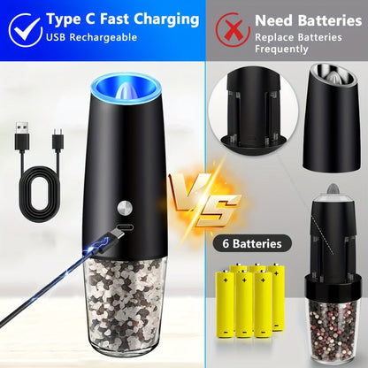 2pcs USB Rechargeable Electric Salt and Pepper Grinder Set with LED Light & Adjustable Coarseness