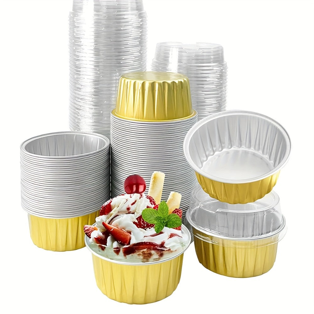 Aluminum Foil Baking Cups with Lids, Disposable Cupcake Molds with Spoons, Foil Dessert Cups for Pudding Muffins Mousse