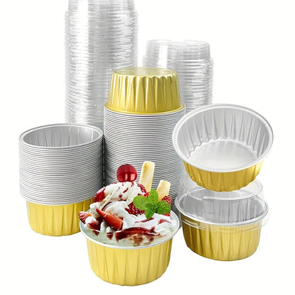 Aluminum Foil Baking Cups with Lids, Disposable Cupcake Molds with Spoons, Foil Dessert Cups for Pudding Muffins Mousse