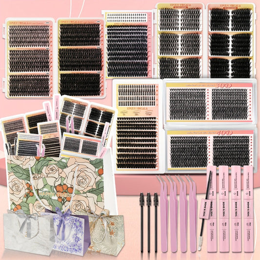 DIY Lash Clusters Gift Set 30D-100D Mixed Length Soft Fluffy Volume Cluster Lashes with Tweezers & Mascara