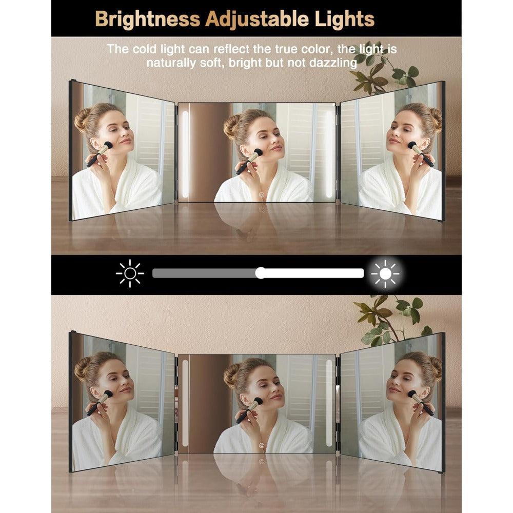 Hair Cutting Mirror 3 Way with LED Light – 360° View Trifold Barber Mirror, Adjustable Height, Door Hang Wall Mount or Tabletop