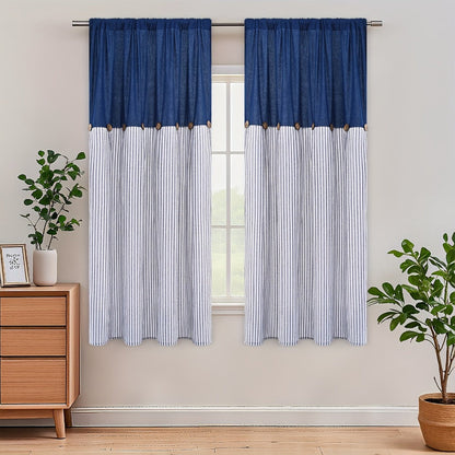 Semi Sheer Curtains Bohemian Linen Cotton Patchwork Grommet Top Window Drapes for Bedroom Living Room Kitchen Bathroom Cafe