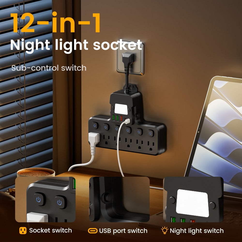 Night Light Wall Outlet Extender 11-in-1 with 6 AC Outlets & 5 USB Ports (3 USB-A & 2 USB-C), Surge Protector Adapter for Home