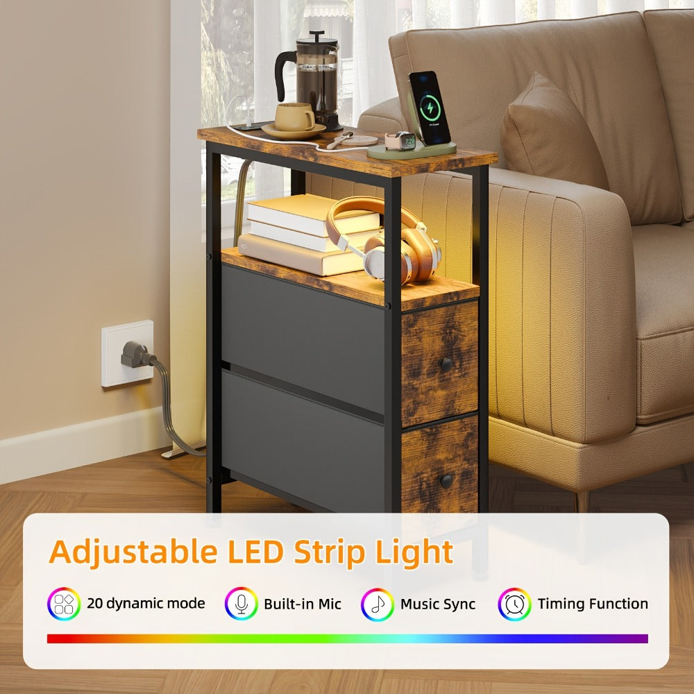 Nightstand Slim One or Two Fabric Drawers with Charging Station, LED Light and Single or Two-Pack Choice