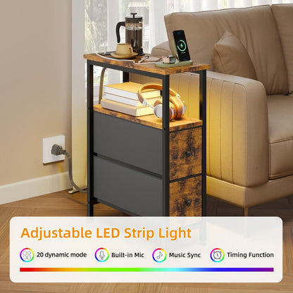Nightstand Slim One or Two Fabric Drawers with Charging Station, LED Light and Single or Two-Pack Choice
