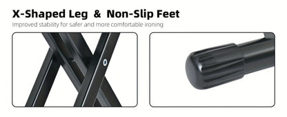 Freestanding Black Ironing Board with Multi-Height X-Leg Frame and Extended Iron-Rest Platform