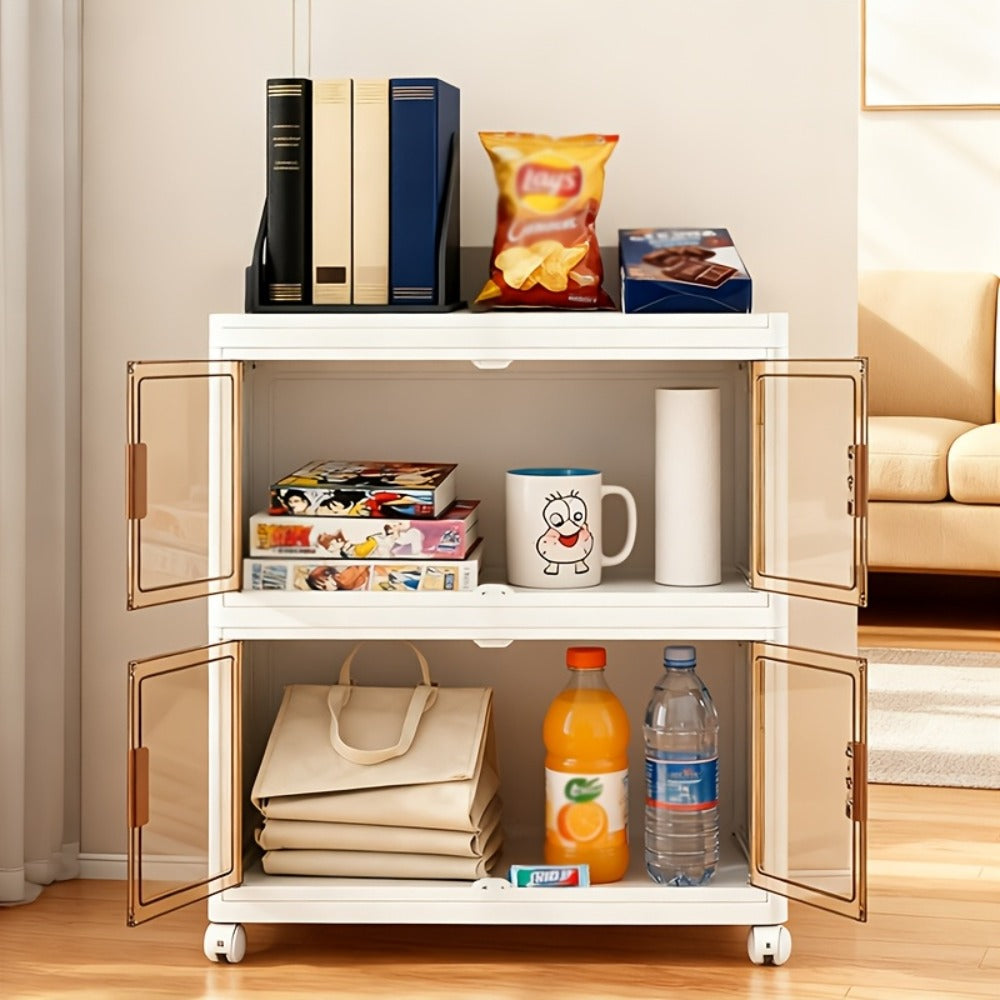 Stackable Foldable Storage Cabinet with Door, PP Plastic 1/2/3/4/5 Layer Organizer Box with Wheels & Cover