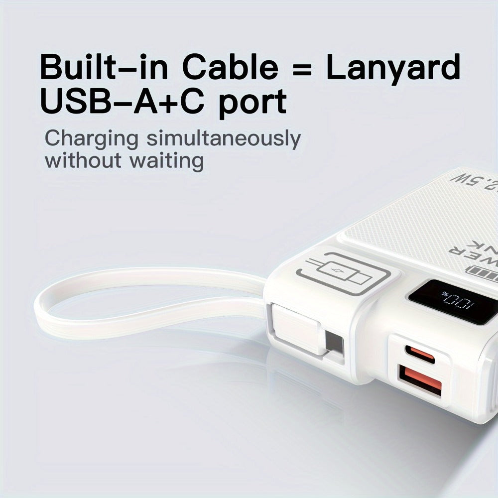 10000mAh Power Bank with 22.5W Label, Built-In USB-A and USB-C Cables, Three Outputs and Display