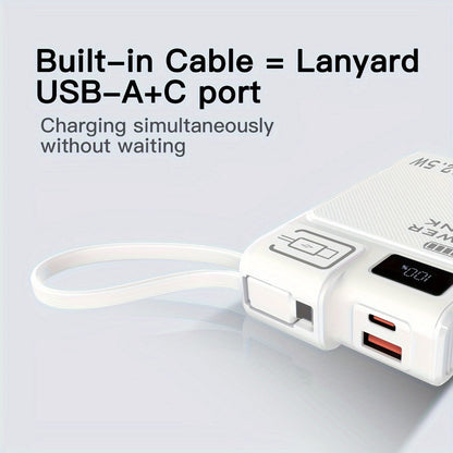 10000mAh Power Bank with 22.5W Label, Built-In USB-A and USB-C Cables, Three Outputs and Display