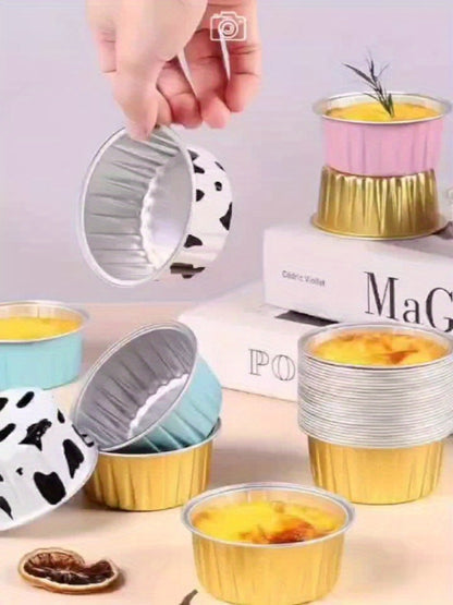 Aluminum Foil Baking Cups with Lids, Disposable Cupcake Molds with Spoons, Foil Dessert Cups for Pudding Muffins Mousse