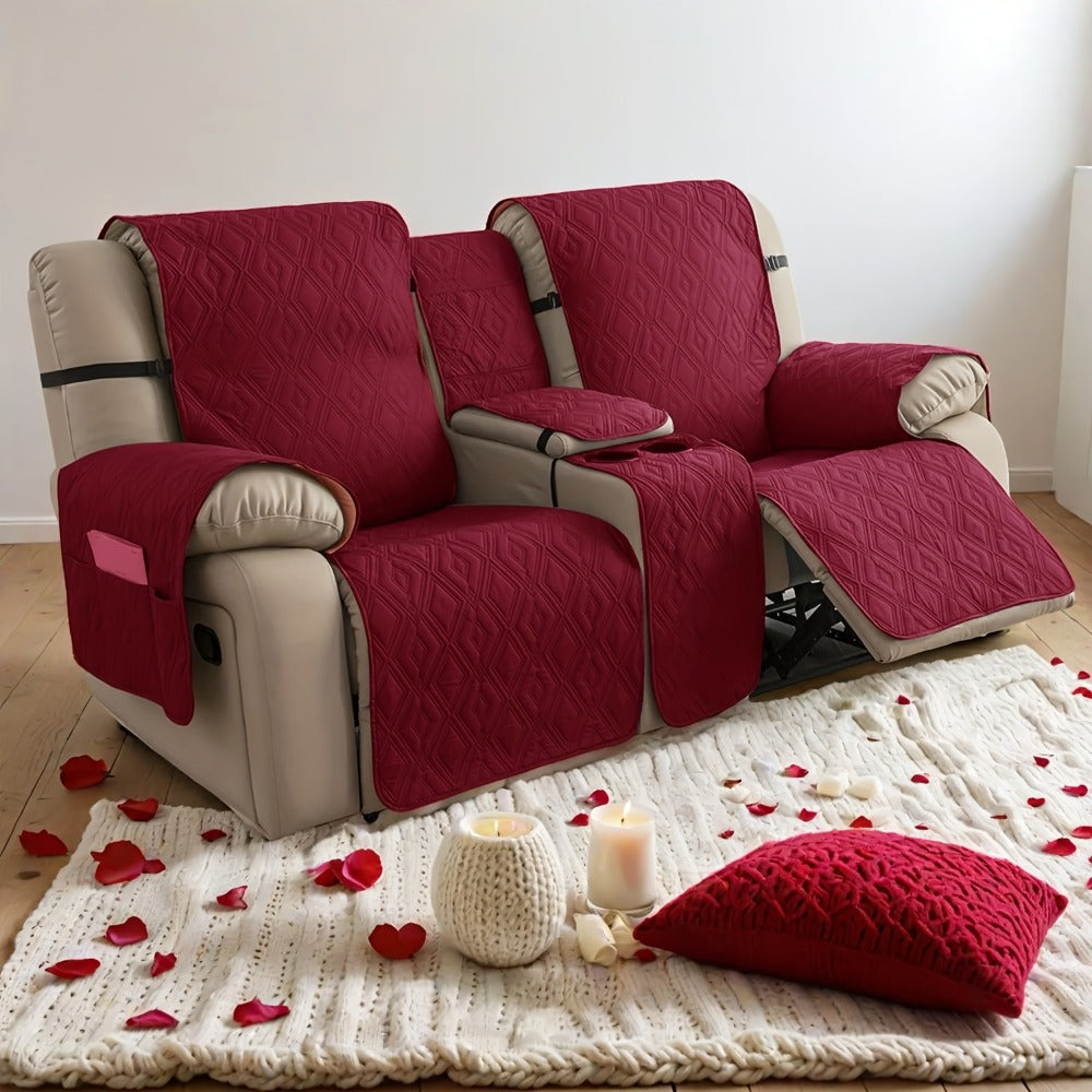 Recliner Loveseat Cover 4 Piece Set Waterproof Split Dual Recliner Sofa Slipcover with Center Console Cover & Straps
