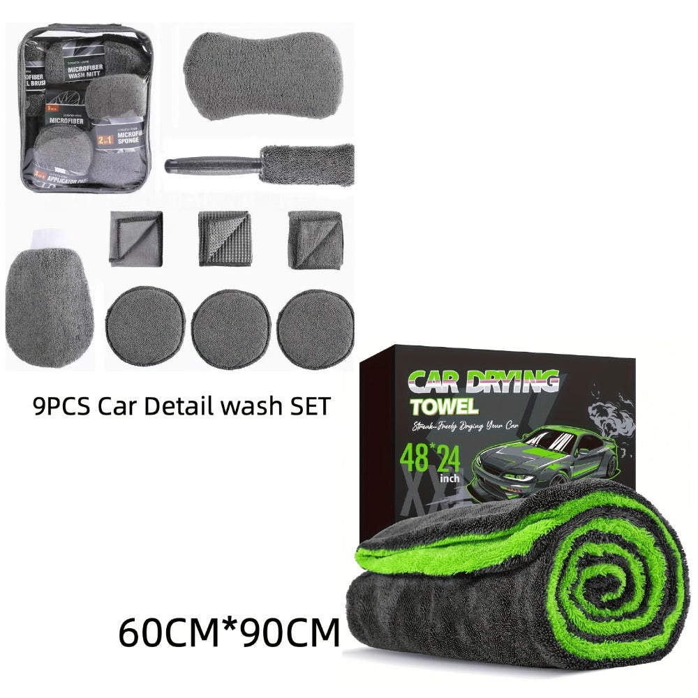 Car Drying Towel in 1400 GSM Microfiber with Two Size Options or Nine-Piece Wash Tool Bundle