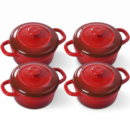 Mini Cocotte Ceramic Casserole Dishes Set of 4 with Lids and Handles - 12oz Baking Ramekins Microwave Cookware