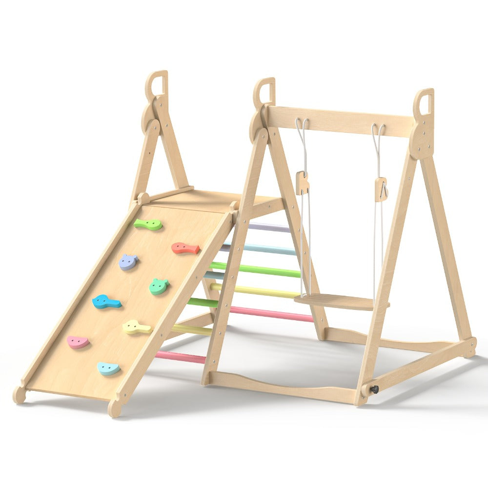 Foldable Indoor Wooden Jungle Gym for Toddlers, 4-in-1 Climbing Frame with Swing, Slide & Ladder