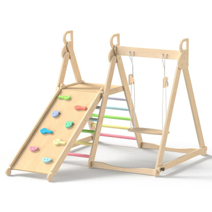 Foldable Indoor Wooden Jungle Gym for Toddlers, 4-in-1 Climbing Frame with Swing, Slide & Ladder
