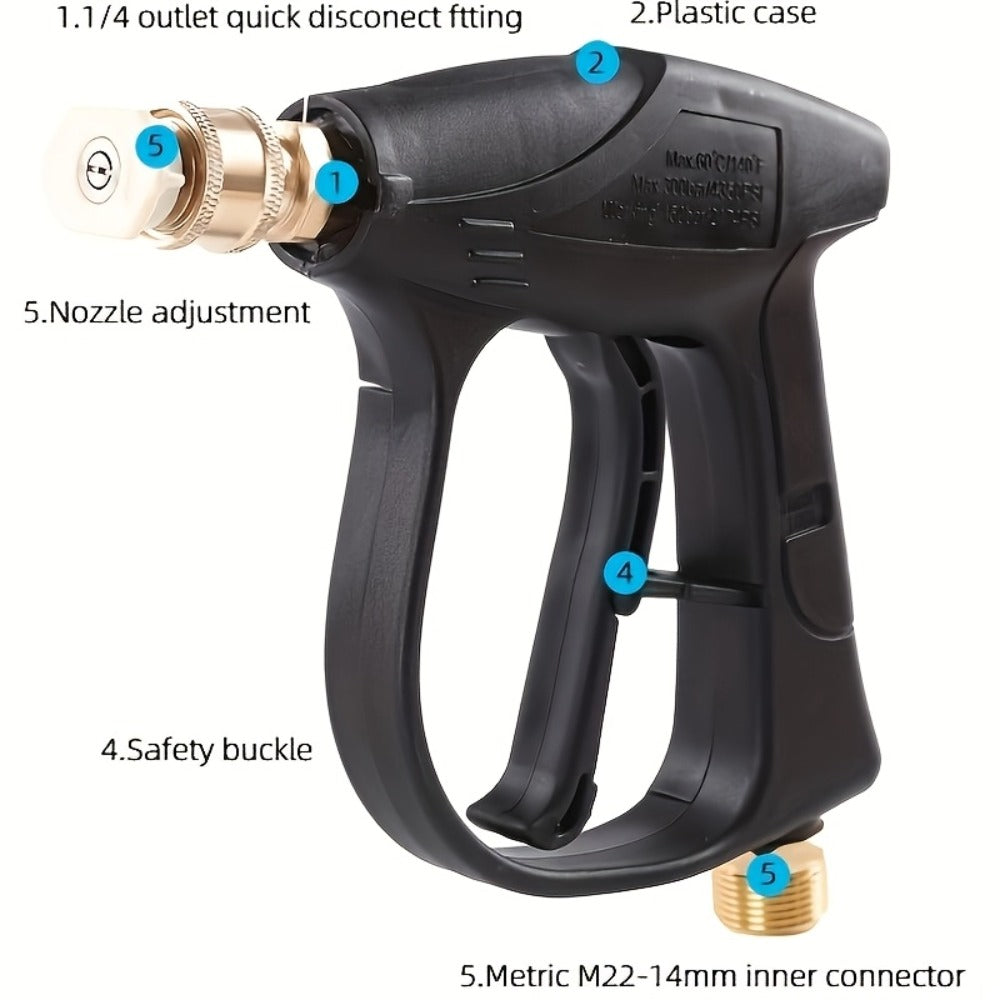 High Pressure Car Wash Gun with 5 Spray Nozzles – Max 3000 PSI, M22-14 & 1/4" Quick Connect, Garden Hose Pressure Washer Wand for Car