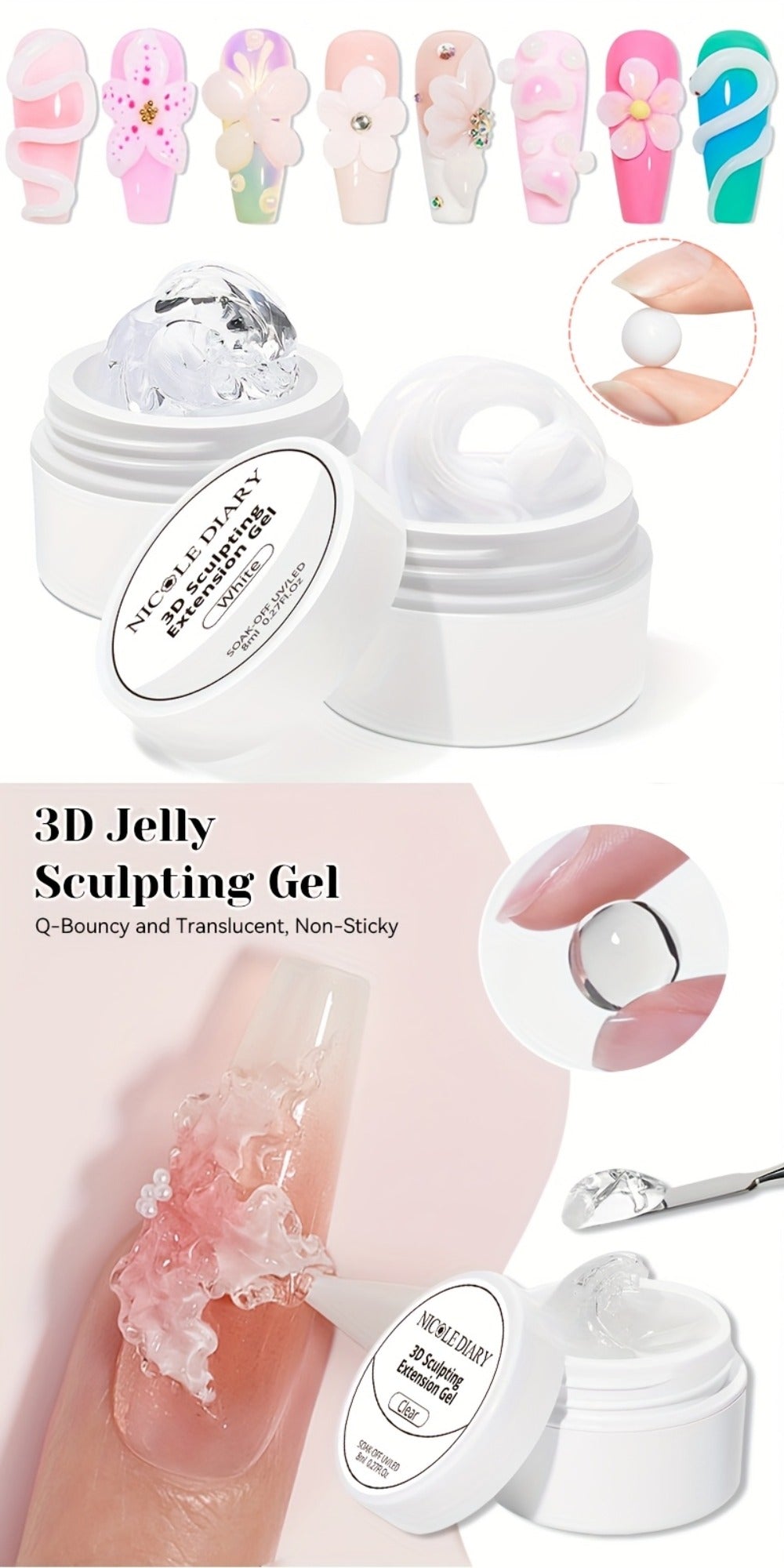 3D Sculpting Builder Gel Kit with Carving Pen – Clear & White Nail Extension Gel for Floral Nail Art, Acrylic Extensions & DIY Salon