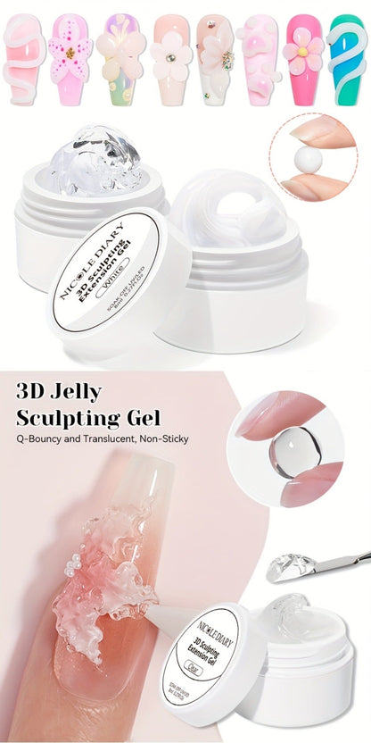 3D Sculpting Builder Gel Kit with Carving Pen – Clear & White Nail Extension Gel for Floral Nail Art, Acrylic Extensions & DIY Salon