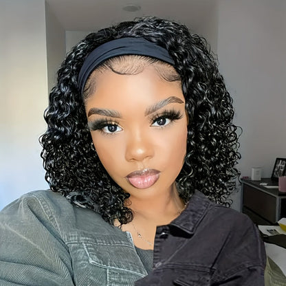 Headband Wig Curly Wavy for Women Black Synthetic Glueless No Lace – Elastic Cap Heat Resistant Beginner Friendly for Daily Wear Party