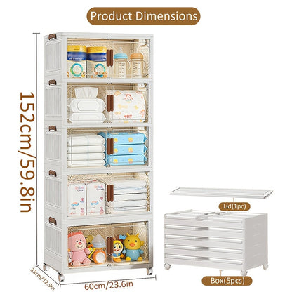 Stackable Foldable Storage Cabinet with Door, PP Plastic 1/2/3/4/5 Layer Organizer Box with Wheels & Cover