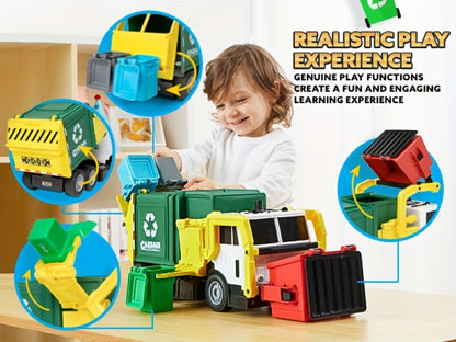 Garbage Truck Toy Set 16-Inch Large Friction-Powered with Lights & Sounds, Color-Coded Trash Bins