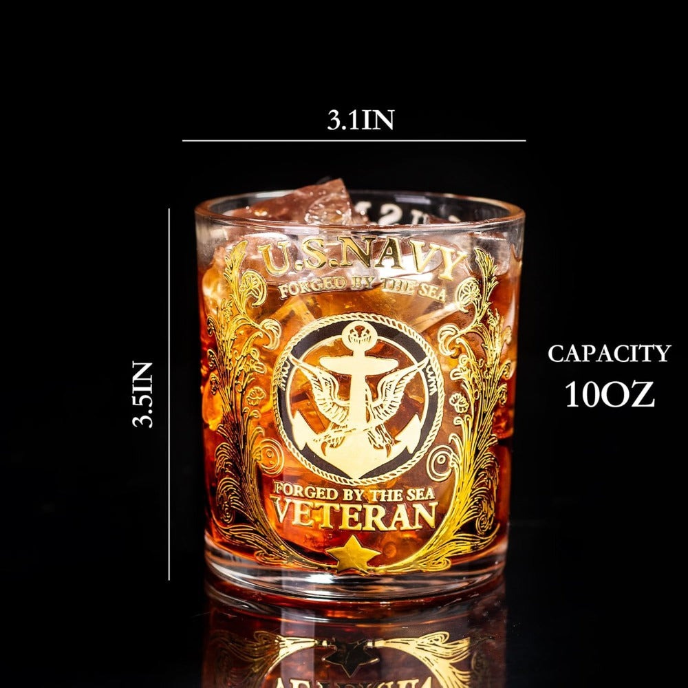 Engraved Veteran Tribute Whiskey Glass 10oz - US Navy Military Gift, Personalized Patriotic Whiskey Glasses for Dad
