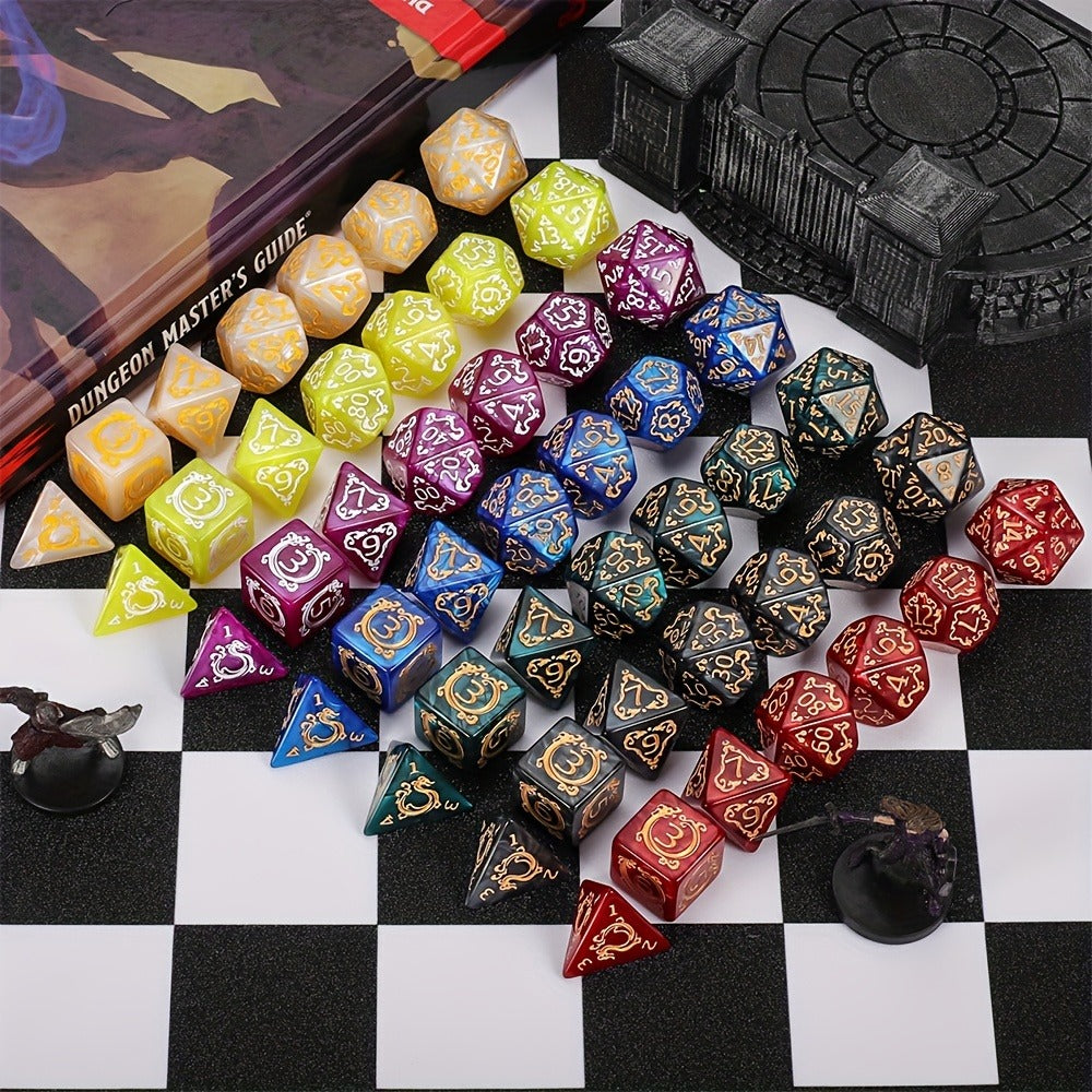 DnD Dice Set 49pcs Dragon Pattern Polyhedral Dice 7 Sets with Pouches with the Listed Color, Size or Set Options for Everyday Use