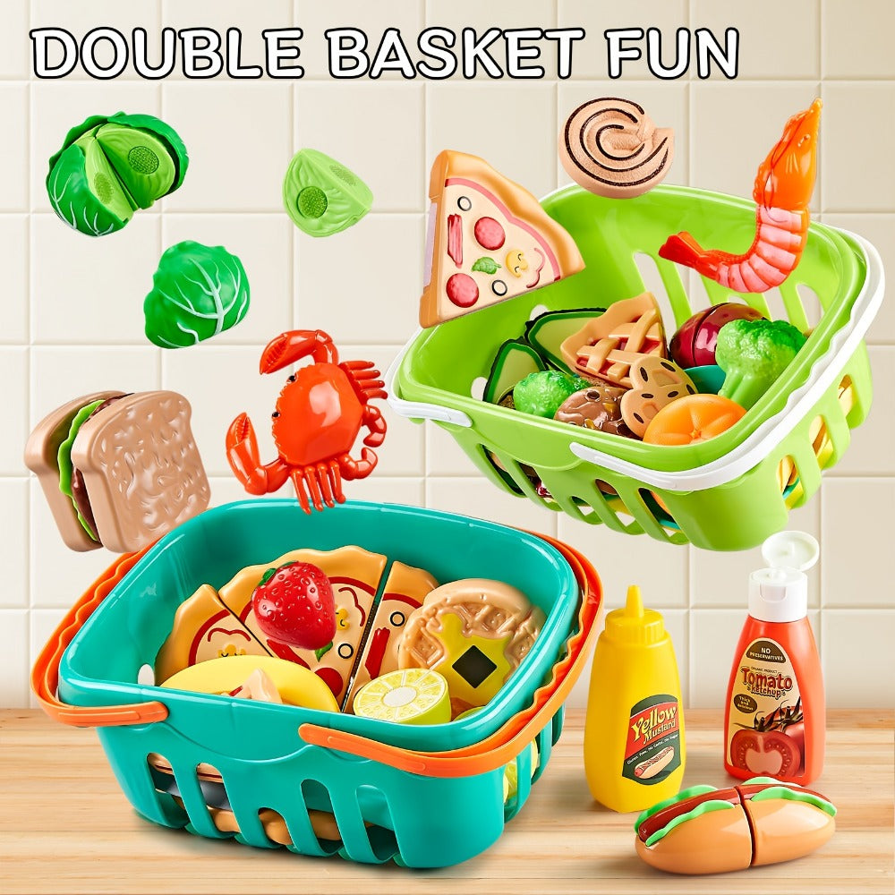 Pretend Play Food Set 85pcs, Cutting Toy Food with 2 Baskets, Pizza Veggies & Fruits, Play Kitchen Accessories for Toddlers