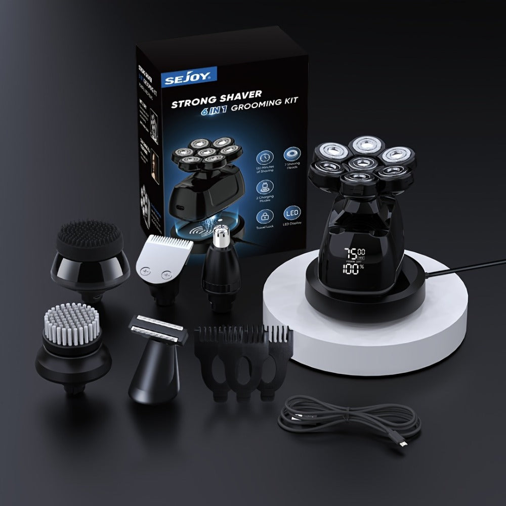 7D Head Shaver Bald Men 5-in-1 Waterproof Wet Dry Electric Razor – Type-C Rechargeable 6500-7500RPM Rotary Grooming Kit with Nose Hair