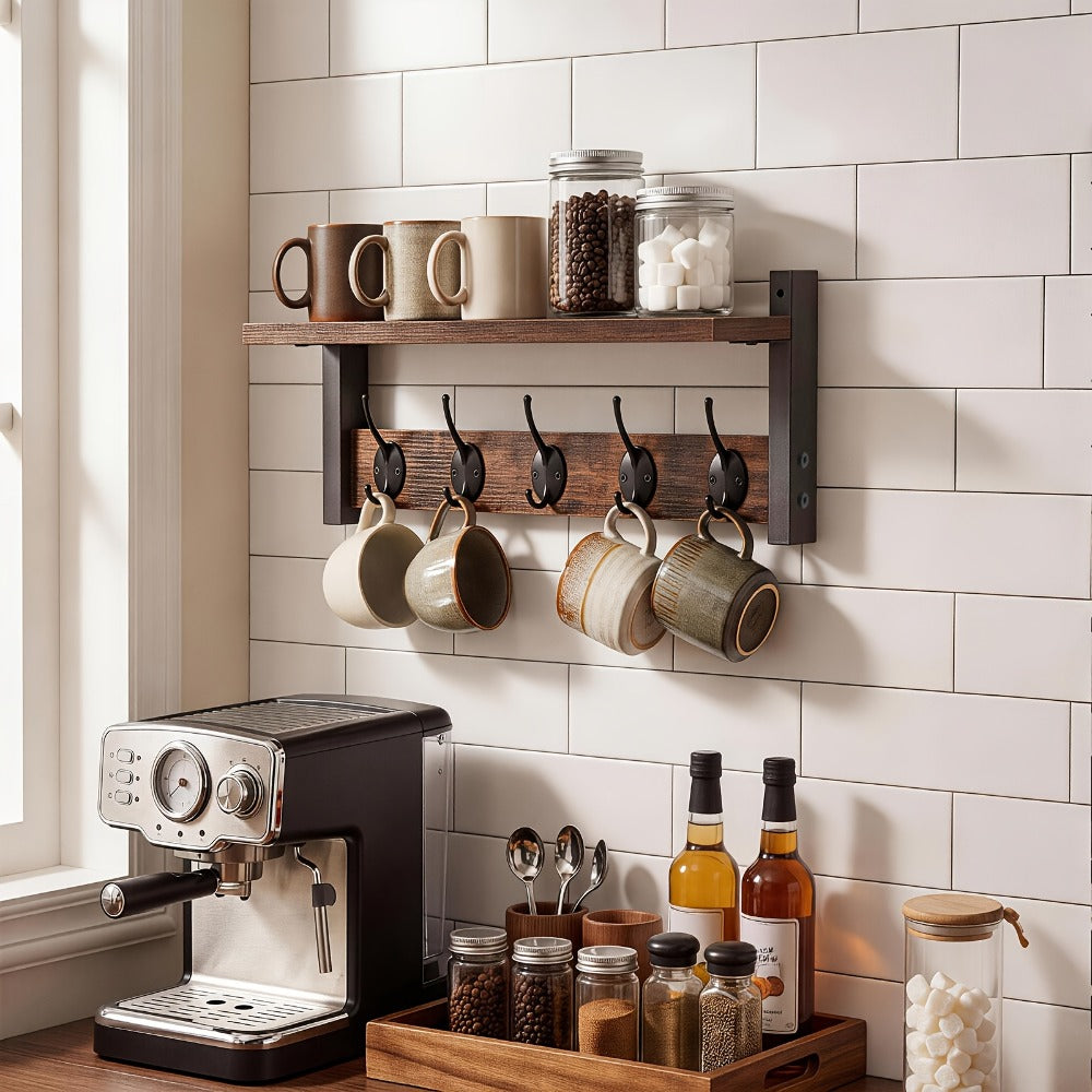 Vintage Wall-Mounted Shelf and Key Rack with Five Hooks, 17.1-Inch Width and Brown Board Finish