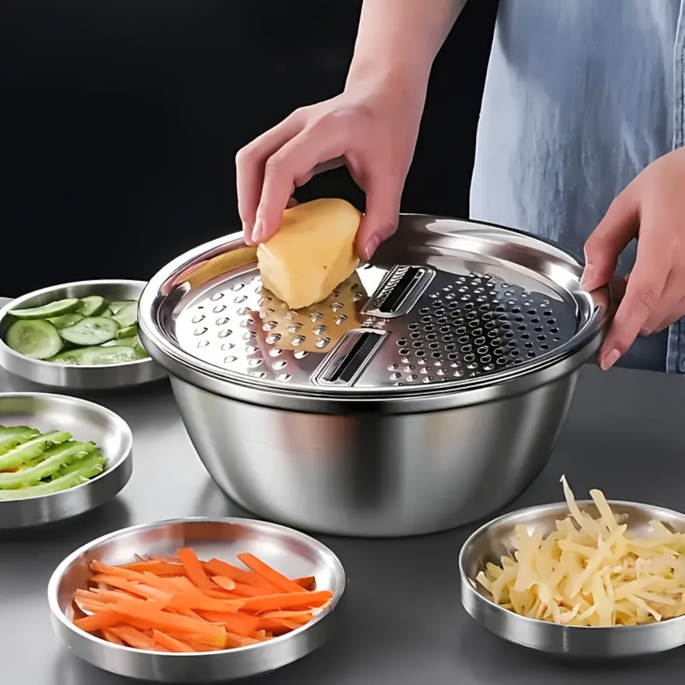 Stainless Steel 3-in-1 Kitchen Prep Set with Mixing Bowl Built-In Grinder Multi-Layer Slicer for Home Cooking, Dining and Outdoor Meals
