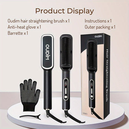 OD-6801 Black or OD-6806 Rose-Gold Heated Straightening Brush with Display, Glove and Three-Button Controls
