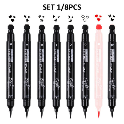 Winged Eyeliner Stamp Pen Set Double-Ended 8 Wing Styles Waterproof Quick-Dry Liquid Liner, for Makeup, Travel and Everyday Vanity Use