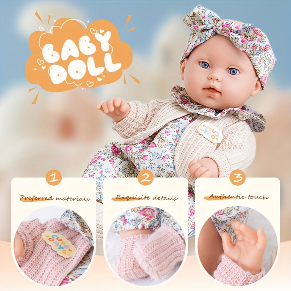 Floral Dress Baby Doll 12 Inch with Rabbit Plush Toy Gift Set, Realistic Vinyl Doll with Floral Outfit