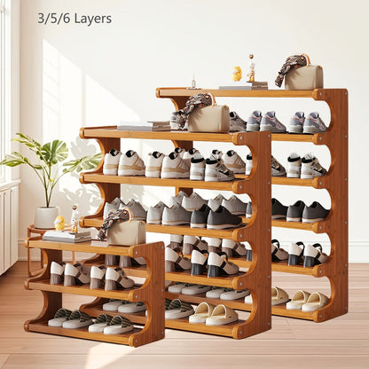 Shoe Rack Bamboo Freestanding Organizer with 3-Layer, 5-Layer or 6-Layer Brown Height Options