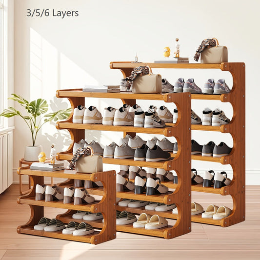 Shoe Rack Bamboo Freestanding Organizer with 3-Layer, 5-Layer or 6-Layer Brown Height Options