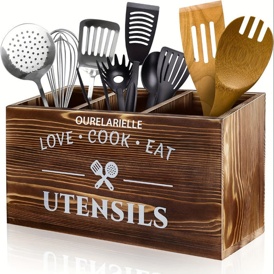 Wooden Cutlery Storage Box with Grid Compartments Chopstick Organizer Rack with Metal for Home Cooking, Dining and Outdoor Meals