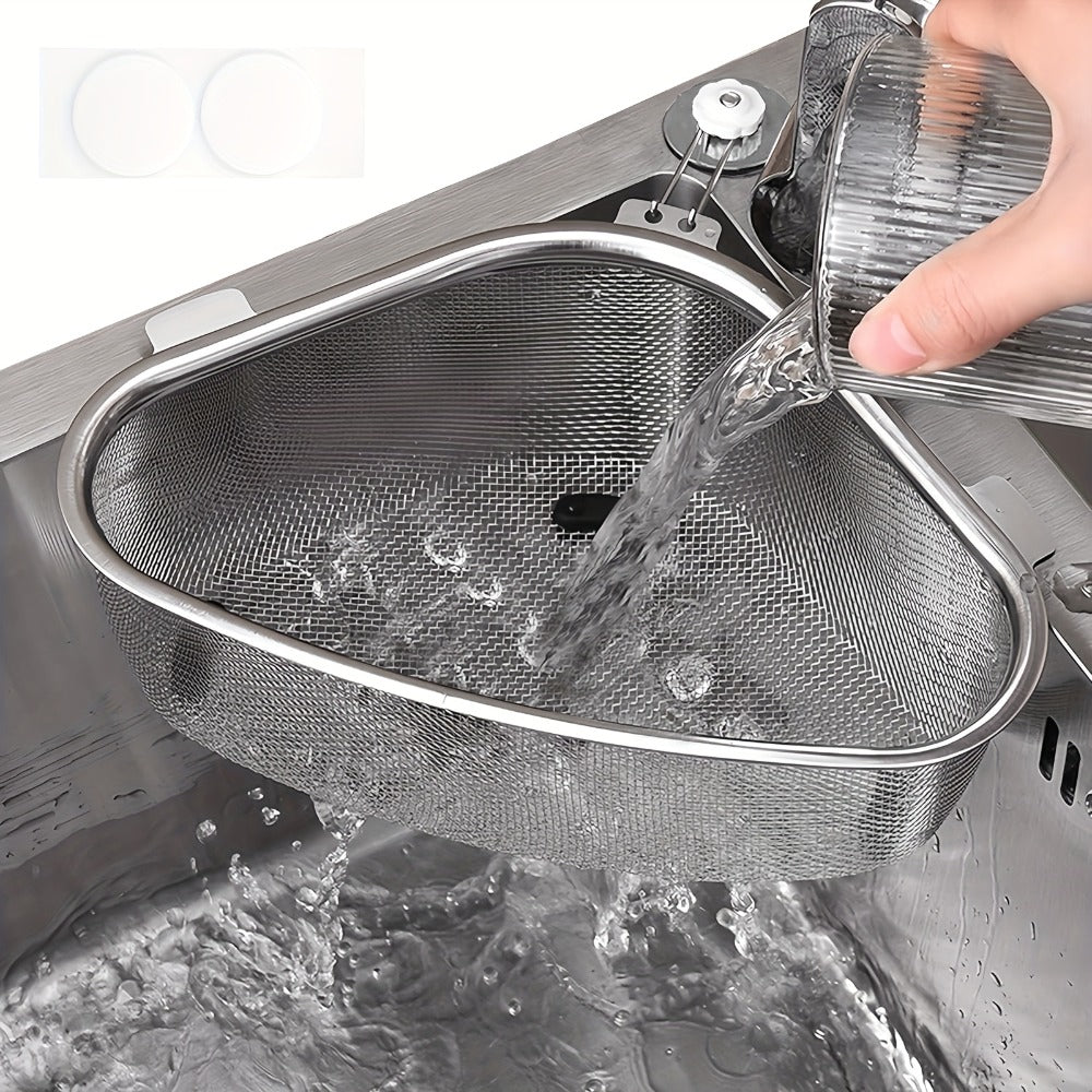 Stainless Steel Sink Strainer Basket 304 Grade Triangular Space-Saving Design, Dual-Use Stand & Hang
