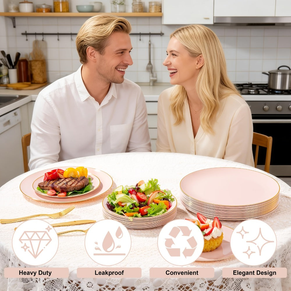 Disposable Plastic Plates Set 50 Piece – Pink Gold Rim Party Tableware with Dinner Plates, Dessert Plates & Utensils for Birthday Wedding