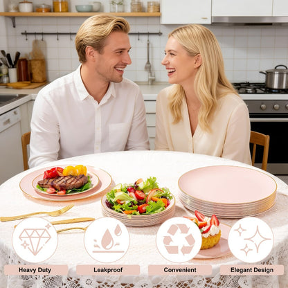 Disposable Plastic Plates Set 50 Piece – Pink Gold Rim Party Tableware with Dinner Plates, Dessert Plates & Utensils for Birthday Wedding