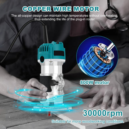 Six-Speed 800W Laminate Trimmer with Clear Base, Shaft Lock and Guide Accessories in Blue Housing
