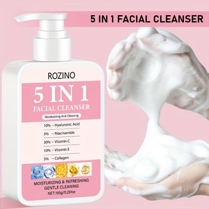 Brightening Face Wash 5-in-1 with Hyaluronic Acid Niacinamide Vitamin C Vitamin E & Collagen – Rich Foam Deep Cleansing Moisturizing Glow