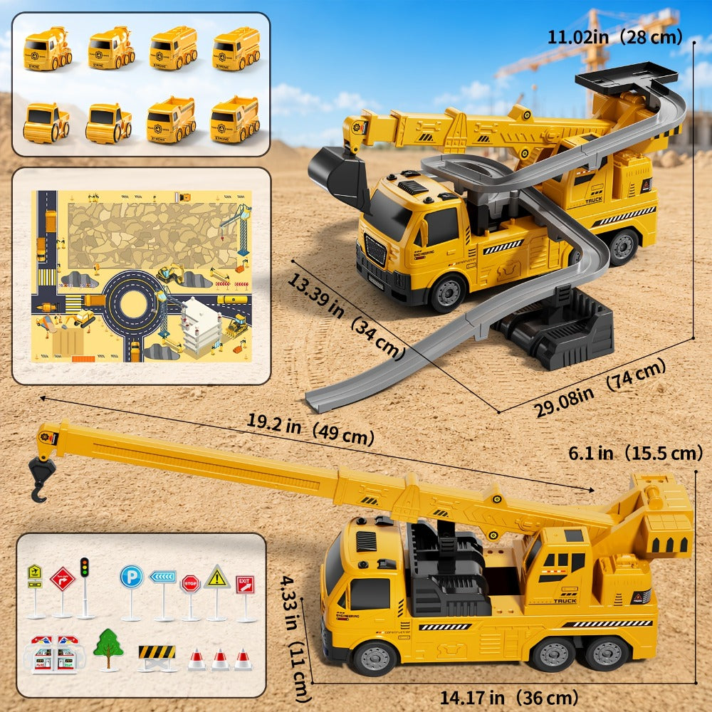 3-in-1 Crane Excavator & Racing Track Toy Set for Kids Ages 3+, Construction Vehicle Playset with Lights & Sounds