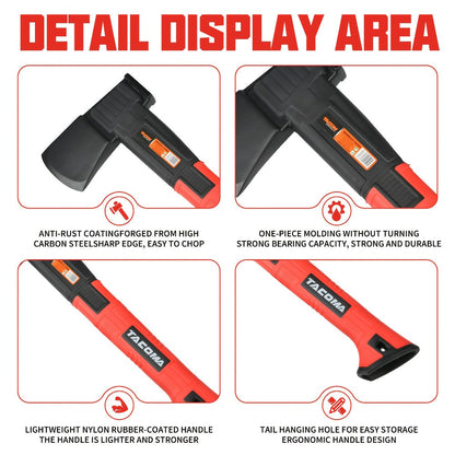 Camping Hatchet 15 Inch Splitting Axe 45 Carbon Steel with Nylon Rubber Non-Slip Handle – Teflon Blade, Blade Cover & Optional Whetstone Set