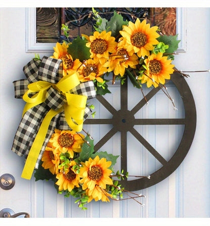 Sunflower Bow Wreath for Front Door - Handcrafted Thanksgiving Wreath with Natural Look, Fall Seasonal Home Decor