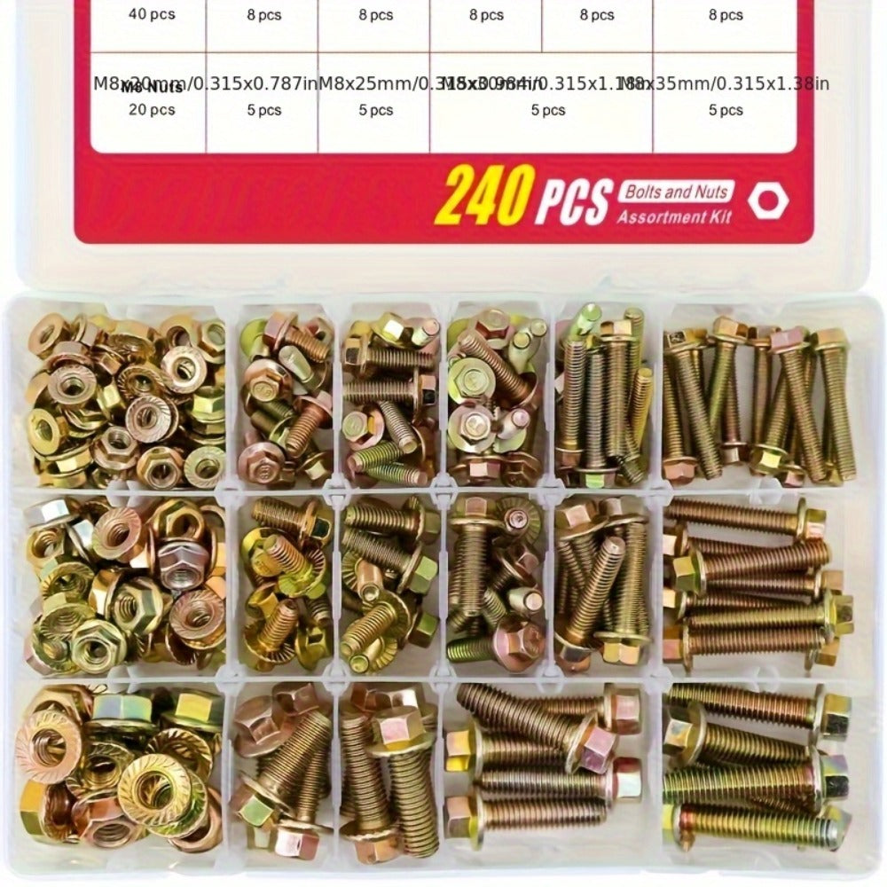 Metric Flange Bolt Nut Assortment Kit 240pcs – M5 M6 M8 Alloy Steel Hex Screws & Nuts Set in 14 Sizes Corrosion-Resistant for DIY Repair