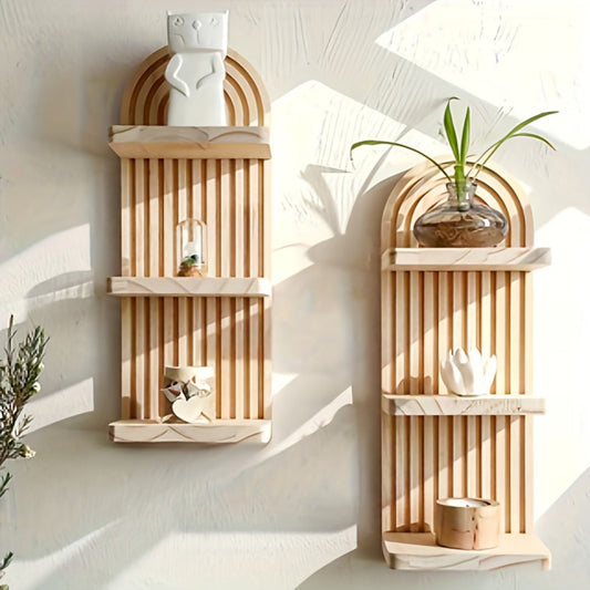 Oval Wood Wall Shelf with Arched Slat Frame, Horizontal Display Tiers and Three- or Five-Tier Options