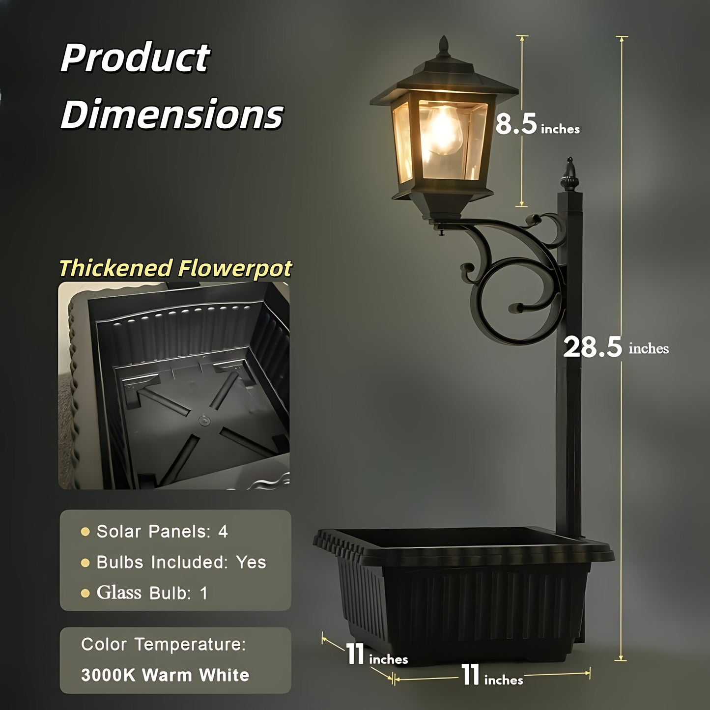 Solar Garden Light HOODINK Black Flower-Pot Lamp Post with Solar Panel, IP44 Label and 1- or 2-Pack Options